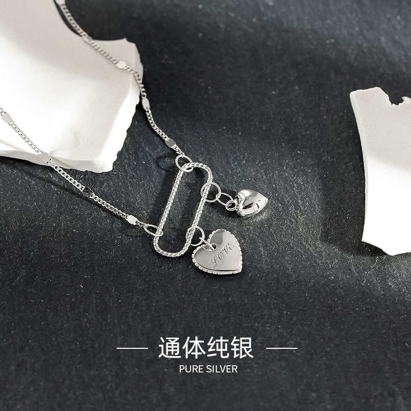 韓版S925純銀項鍊INS氣質小眾雙愛心心形女項鍊鎖骨百搭銀鏈飾
