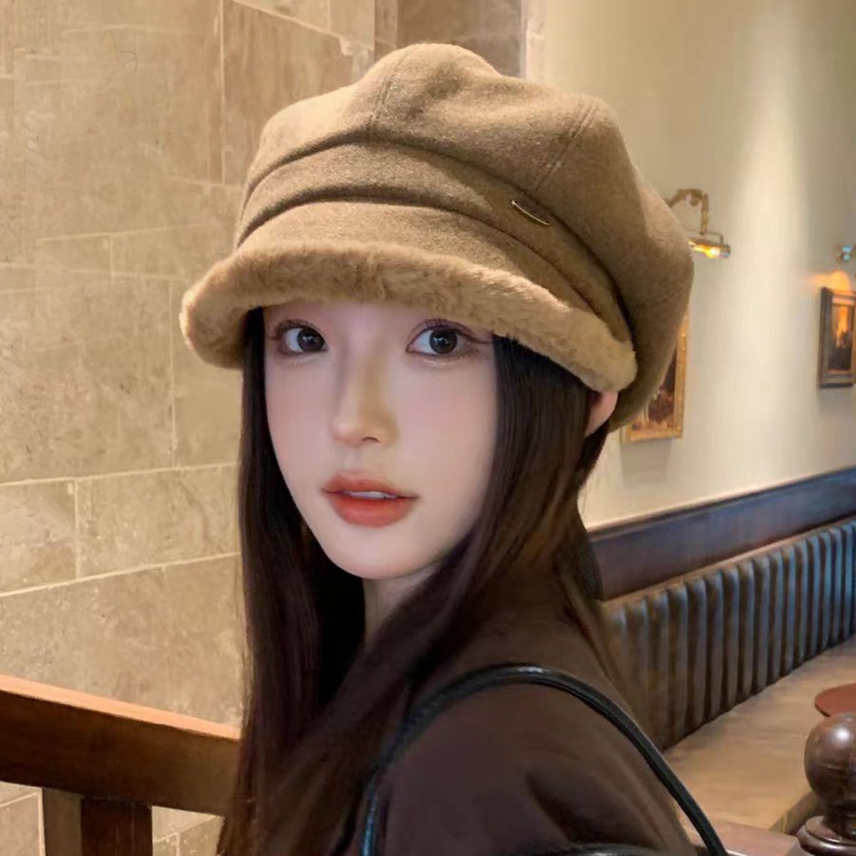 帽子女款秋冬季时尚加厚毛绒保暖八角贝雷帽纯色显脸小2025新款