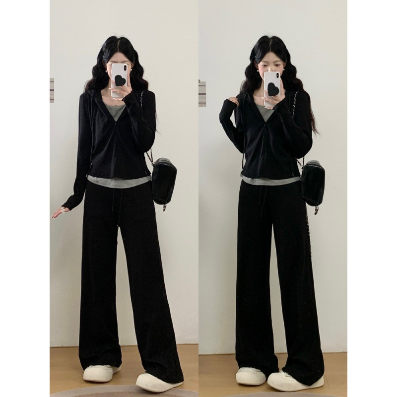 ~慵懒运动风韩版时尚撞色收腰连帽卫衣高腰显瘦长裤休闲套装|undefined