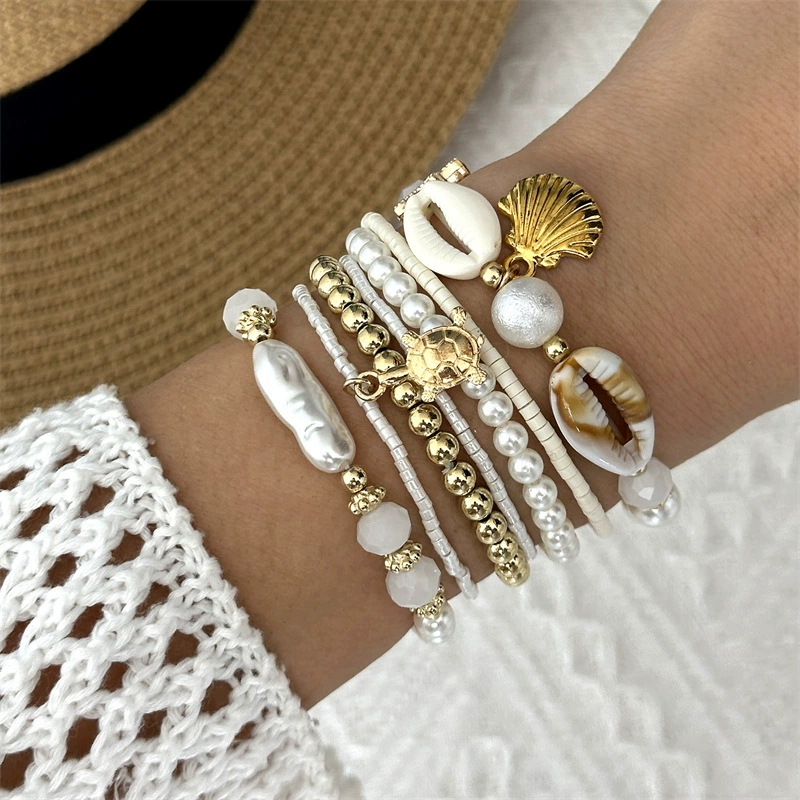 Bracelet set, marine woven ceramic design, multi-layer shell & bead stack (seasonal trend)