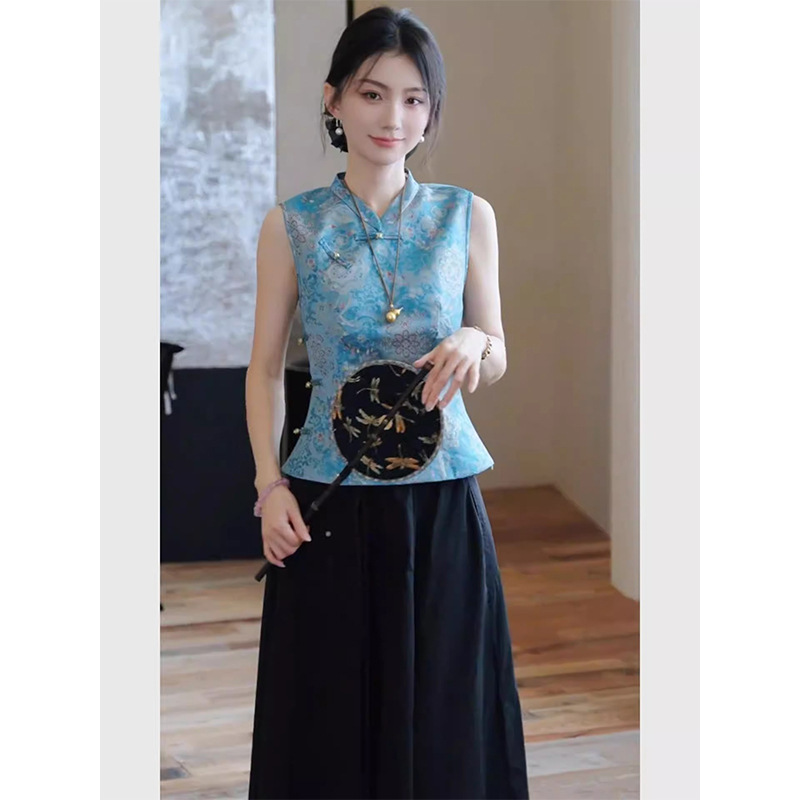 Summer New Chinese Style Tang Suit Elegant Chinese Style Blue Jacquard Shirt Beautiful Waist-Cinching Button Sleeveless Top