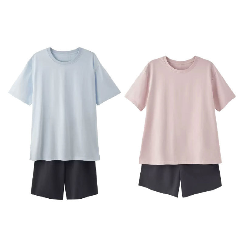 Muji-Style Cool-Feeling Jersey Knit Short-Sleeve Loungewear Set with Knitted Cotton Shorts, a Great Summer Item for Couples at Home