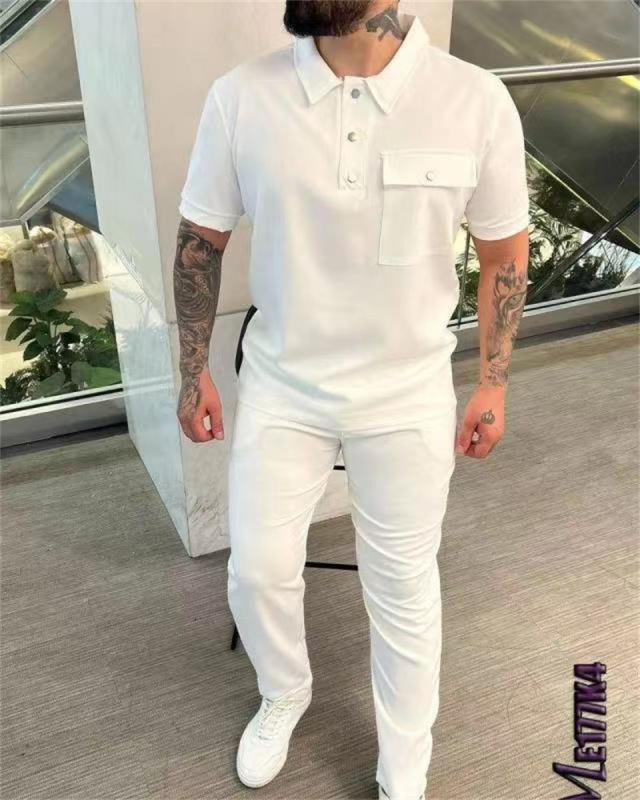 春秋款欧码跨境纯色男士短袖Polo衫+长裤潮流休闲运动套装|undefined