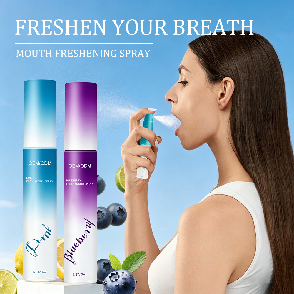 Cross-border foreign trade best-selling oral freshener to eliminate bad breath, purple and blue press-on oral spray, factory OEM customization