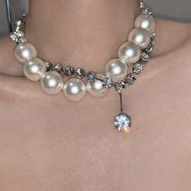 小众设计时髦欧美满钻夸张大小珍珠缠绕锆石多戴法项链女锁骨链
