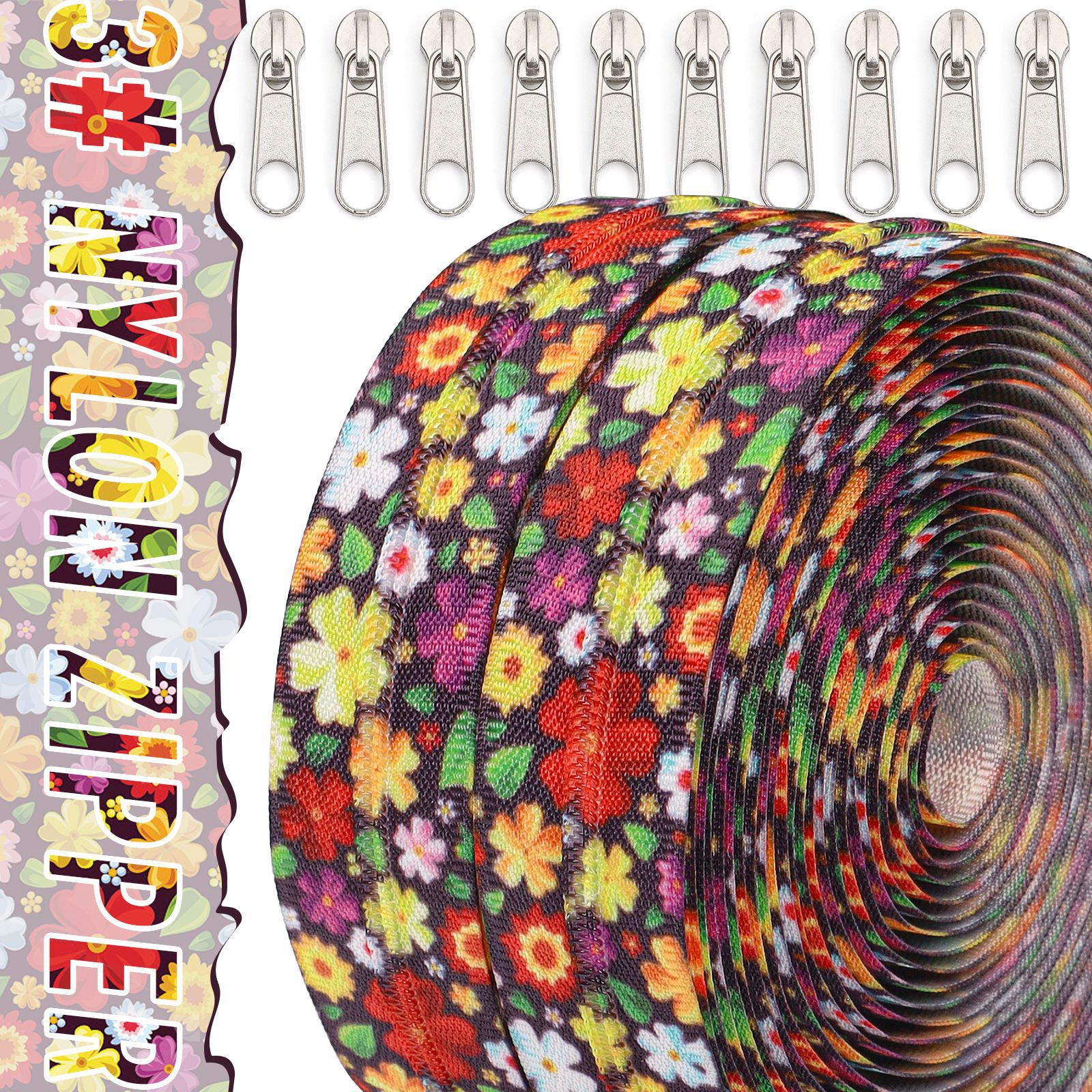 3号尼龙正穿纷红骇绿套装箱包拉链 4.5米拉链+10个银色长牌头=1包