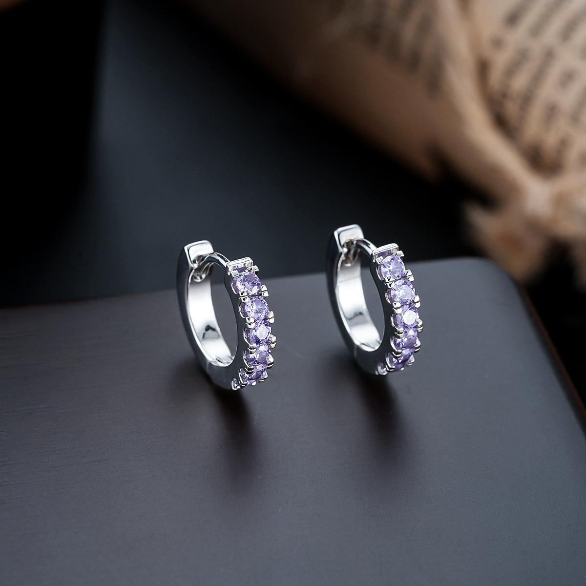 X1074-I (purple diamond earrings) silver pair