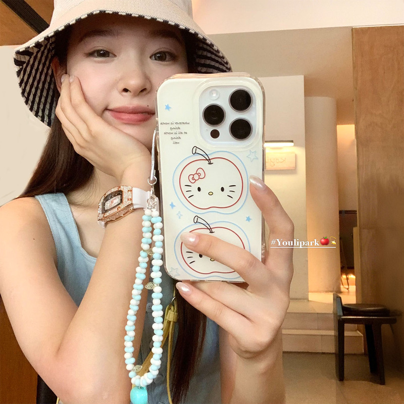 Yuli Park Ins Cute Girly Line Art Apple Cat Phone Case Strap for iPhone 15, Compatible with iPhone 16 Pro and iPhone 16 Pro Max