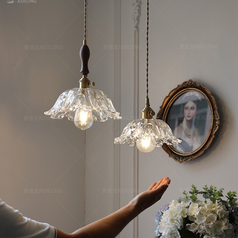 Nordic French Floral Glass Chandelier Japanese Retro Walnut Wood Dining Room Bar Bedside Brass Lamp Snowflake