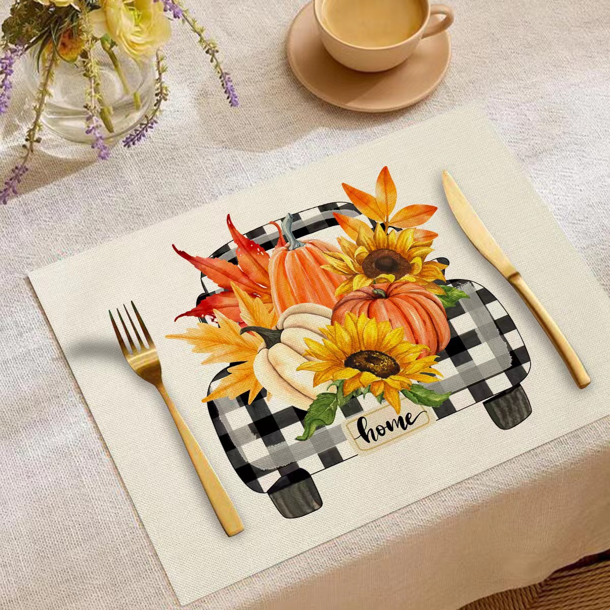 Transfronterizo temu explosión Día de Acción de Gracias otoño calabaza lino estampado conjunto lino estampado mesa de restaurante