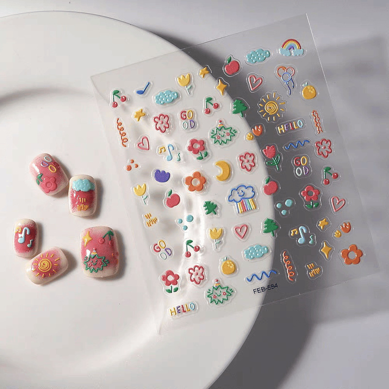 Cute Nail Art Sticker Little Red Book New Dopamine Same Style Children's Fun Embossed Three-Dimensional Cartoon Nail Flower Flower Clouds Cute Nail Art Sticker Little Red Book New Dopamine Same Style Children's Fun Embossed Three-Dimensional Cartoon Nail Flower Flower Clouds