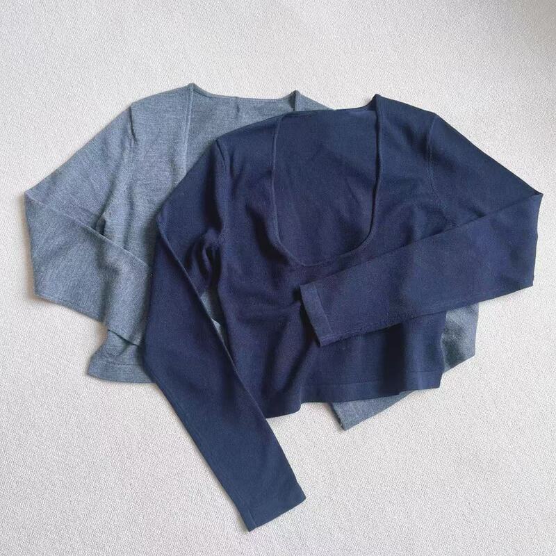 Basic Style Smile Wool Deep U-Neck Knitted Long Sleeve Gray/Navy Blue Basic Style Smile Wool Deep U-Neck Knitted Long Sleeve Gray/Navy Blue