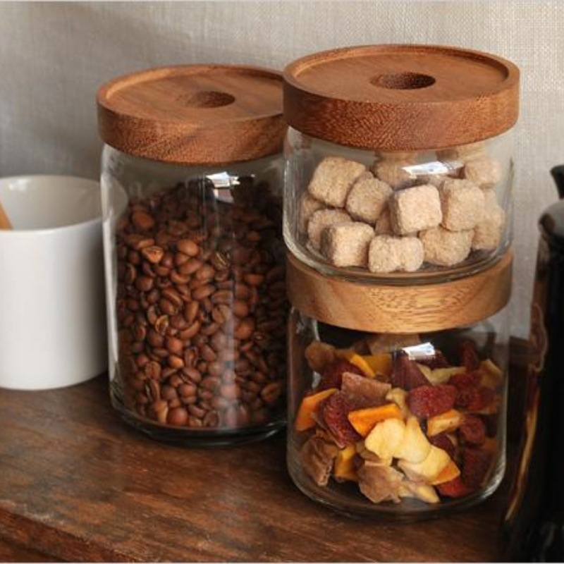 Fabricante mayorista Acacia cubierta de madera de cocina refrigerio almacenamiento de granos a prueba de humedad tanque de almacenamiento de alta borosilicina de vidrio sellado