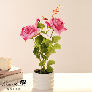 Three-Headed Velvet Rose Bonsai Artificial Flower and Green Plant Ornaments Home Indoor Living Room Small Bonsai Flower Decoration Props