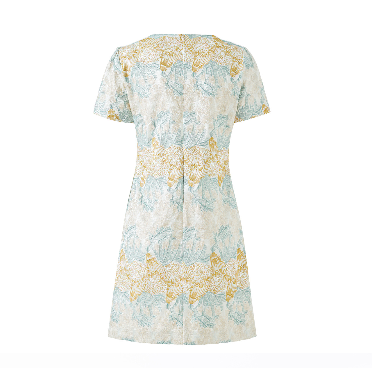 Đầm suông nữ midi dệt satin thêu jacquard tay ngắn — xanh lam chi tiết 17