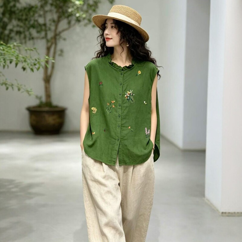 2026 Summer New Product, Artistic Retro Embroidered Sleeveless Shirt for Women, Loose Ruffled Collar Double Yarn Cotton Top 66100 2026 Summer New Product, Artistic Retro Embroidered Sleeveless Shirt for Women, Loose Ruffled Collar Double Yarn Cotton Top 66100