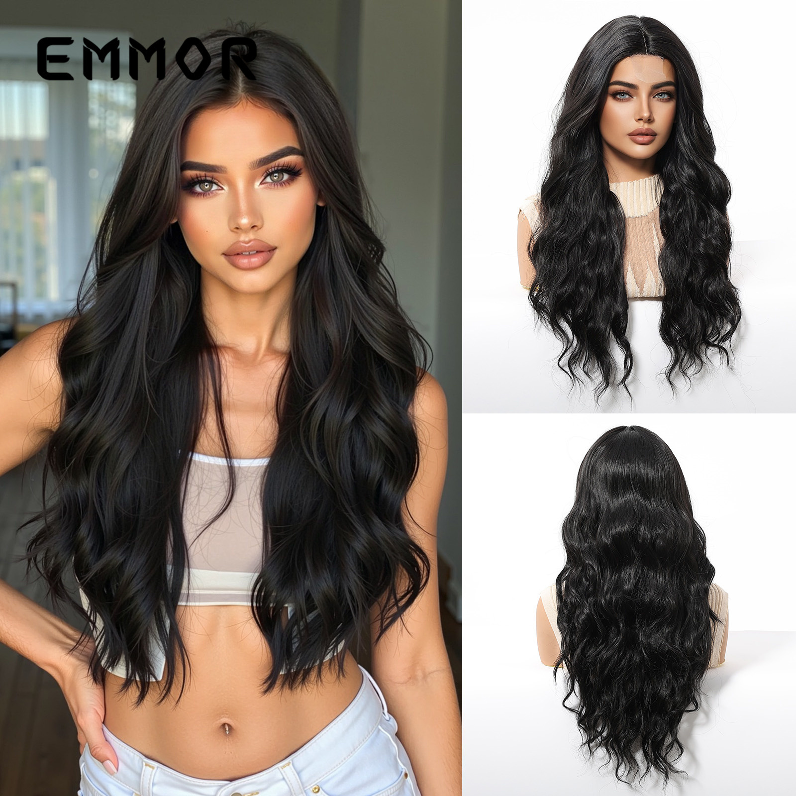 Amazon venta caliente transfronteriza frente encaje punto medio dorado gran ola pelo largo y rizado peluca de moda tipo de cabello completo