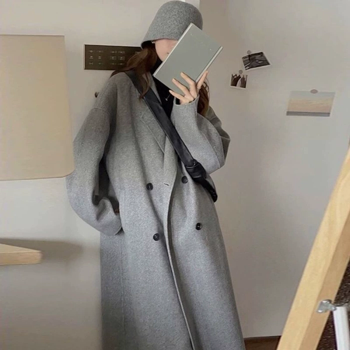 Длинное демисезонное пальто из шерстяного велюра, корейский стиль, средняя длина, свободный крой