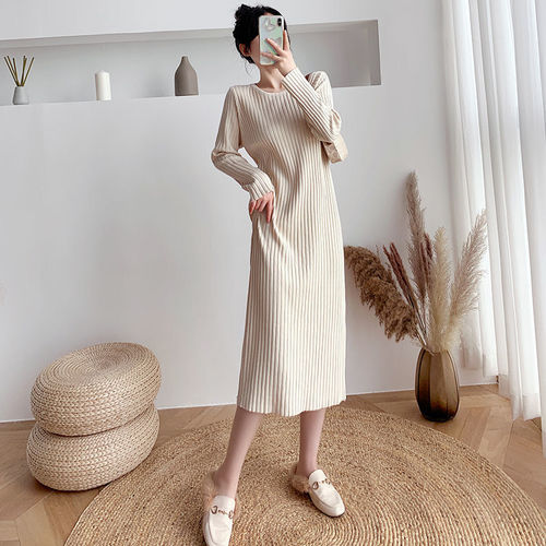 Thickened Warm Winter Long-Sleeve Crew Neck Knit Dress New Medium-Length Base Crew Neck Straight Leg Knee-Length