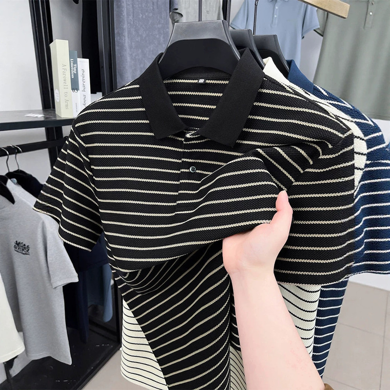 Black and White Striped Short-Sleeved T-Shirt Men's Lapel 2026 Summer New Style Polo Shirt Men's Casual Trendy Half-Sleeved Top