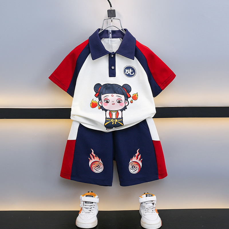 7202 traje de dibujos animados para niños guapos verano manga corta para niños Nezha 2025 nuevos pantalones cortos para bebés camisa POLO marea