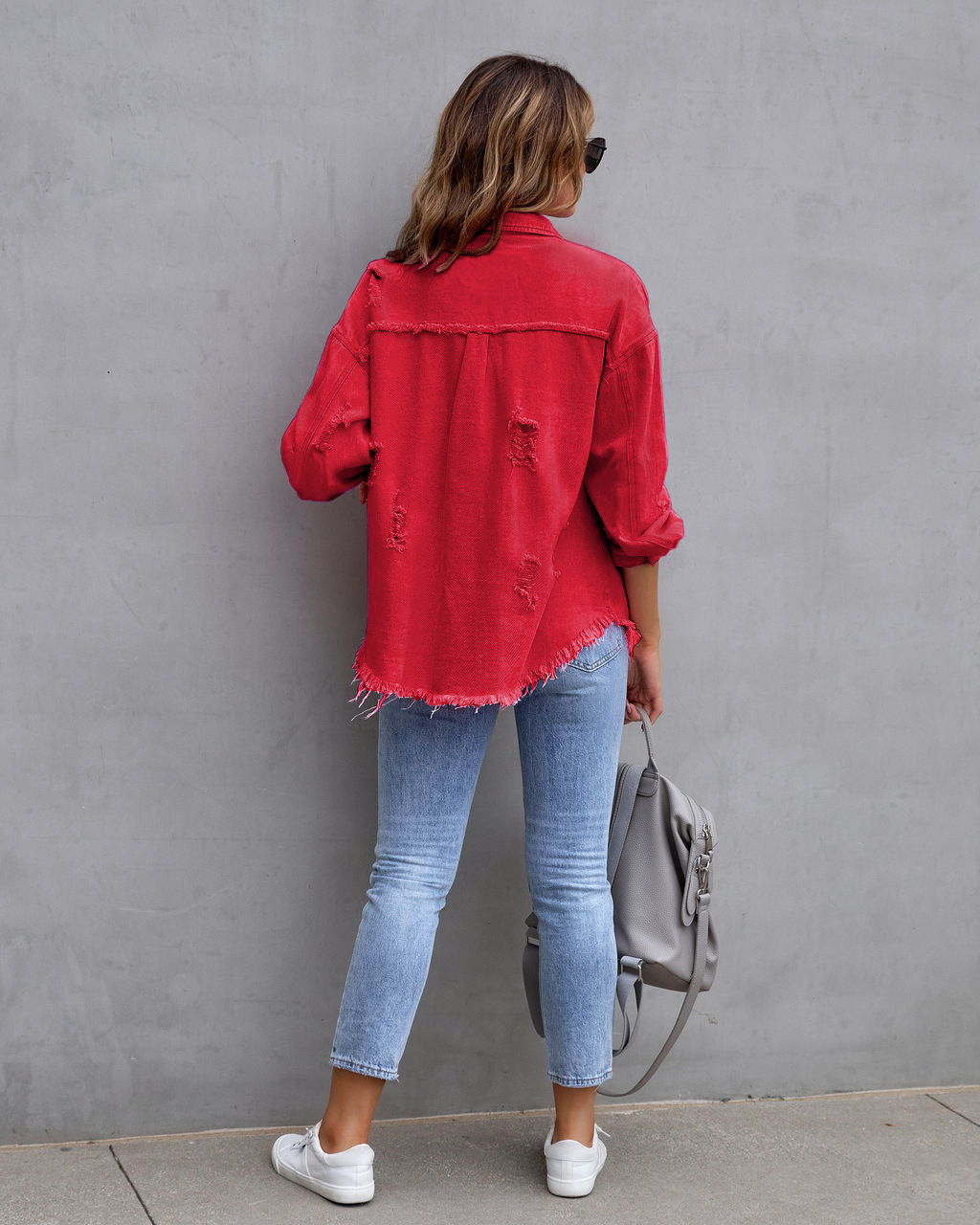 Giacca di jeans donna con volant strappata bavero manica lunga_voghion.com