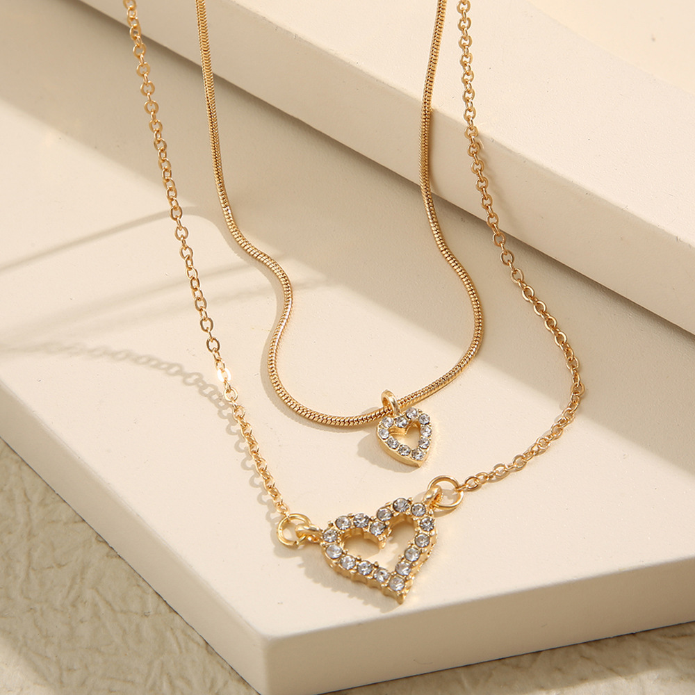 Stacked Double Layer Heart Pendant Necklace With Diamond Accents_voghion.com