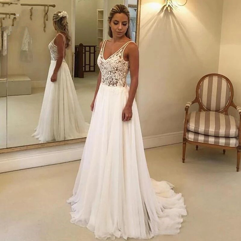 Vestido de Novia de Gasa con Escote Profundo en V, Estilo Europeo y Americano, Nuevo en Amazon y AliExpress, Sin Mangas, Largo, 2024