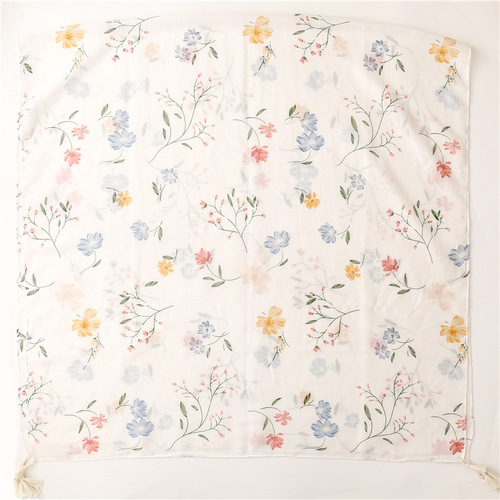 Elegant and fresh cotton and linen feel scarf for women, white small flower floral print decoration, handmade tassel gauze shawl