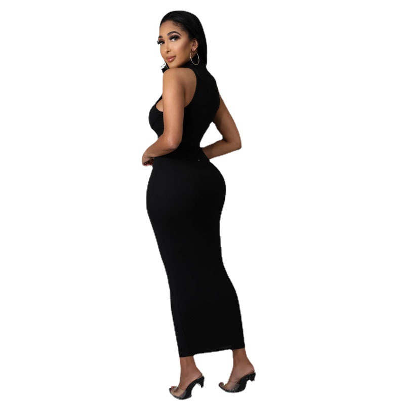 Falda de un solo paso de verano europeo y americano cuello redondo falda de hilo negro elegante viajero color sólido delgado vestido de vaina elástica