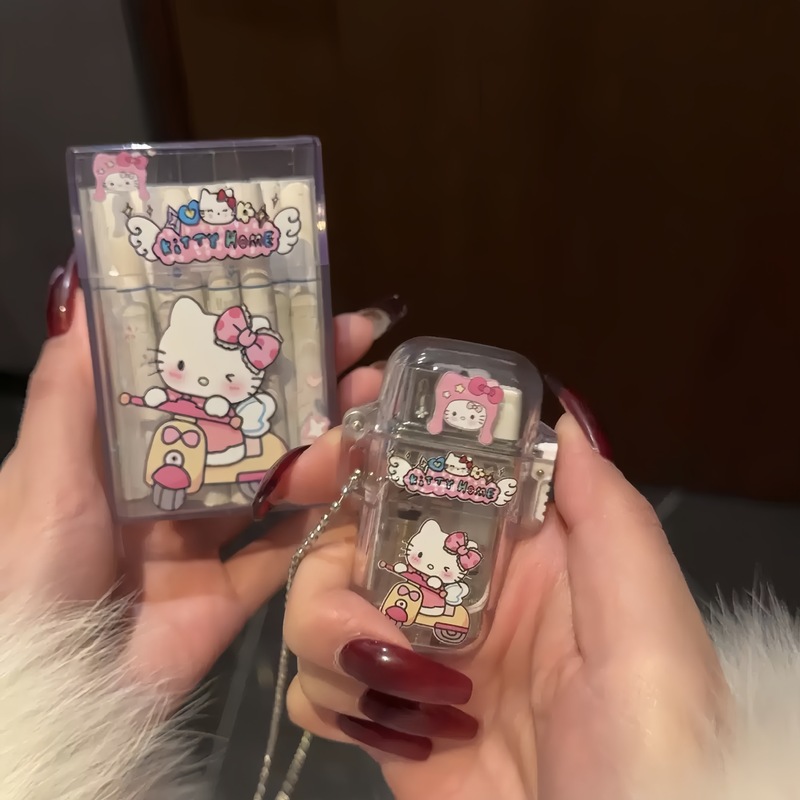【多平台代发】抖音同款Hellokitty透明卡通烟盒带充气防风打火机|undefined