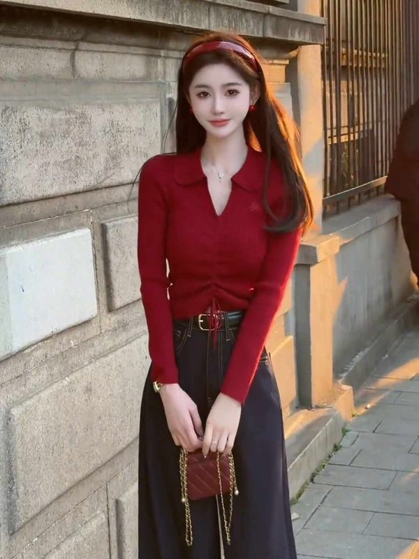 红色长袖polo领针织衫女2025早秋新款韩系修身翻领内搭打底衫上衣|undefined