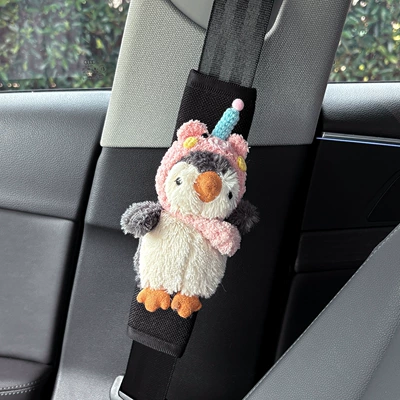 Creative Hat Penguin Car Seatbelt Shoulder Pad Protective Cover Anti-Neck Strangulation Plush Toy with a High-End Feel for Women (Seat belt shoulder pad) - pink-pig-hat-crossbody-bag-penguinlinen-shoulder-pad-black