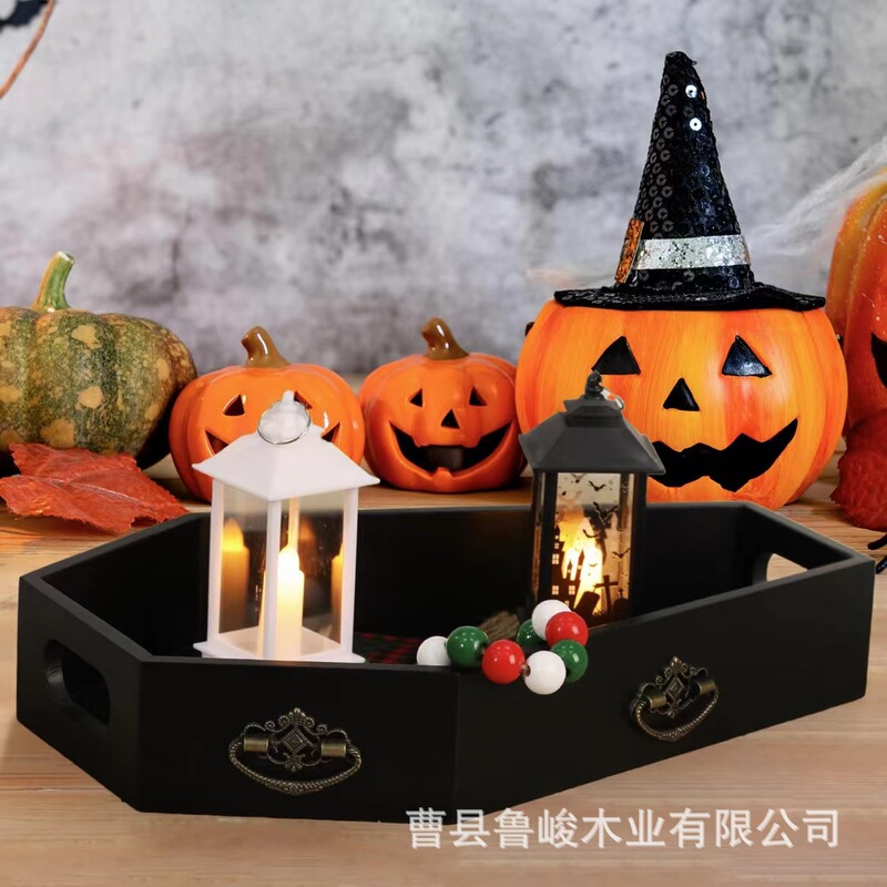 Gothic Wind Wooden Coffin Tray Halloween Theme Dinner Party Decoration Dessert Snack Candy Plate Storage Box