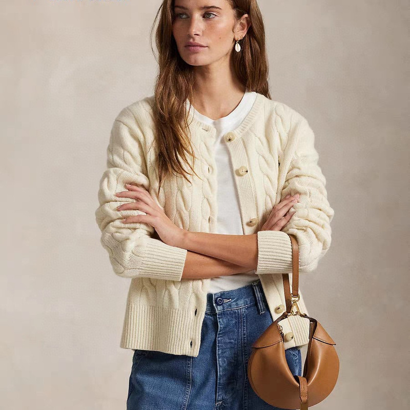 L*Ma Women's Clothing Mall Same Style 2025 Autumn Cable Knit Sweater Women's Knitted Cardigan Top