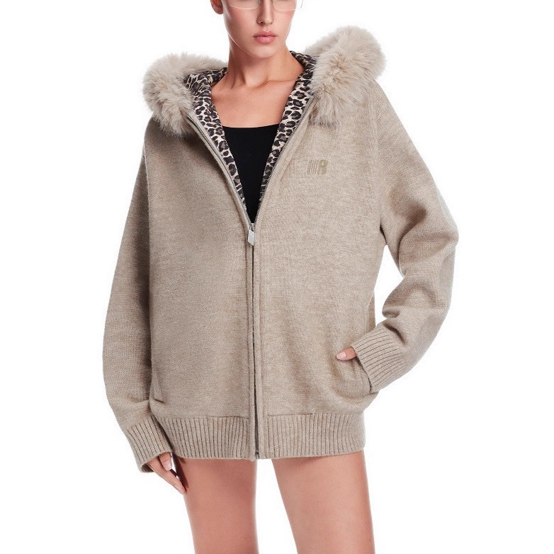 Lazy High-End Knitwear 2025 Autumn and Winter Can Be Worn Outside Thick Cardigan Men's Leopard Print Fur Collar Knitwear Jacket Women