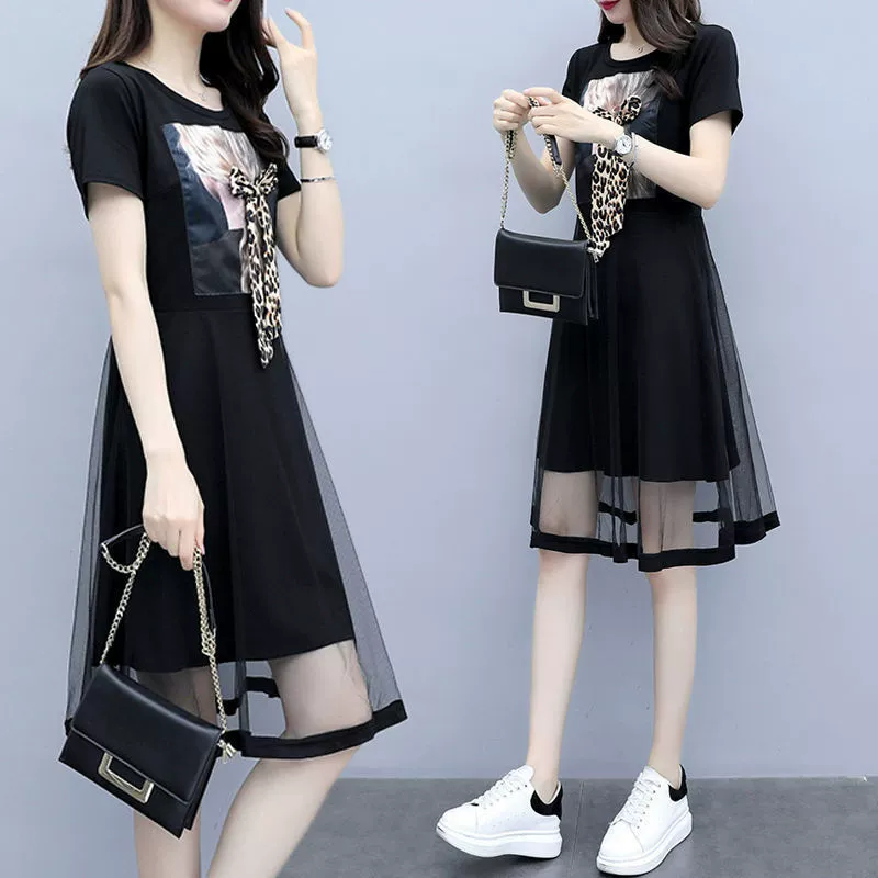 Платье больших размеров, женское летнее новое корейское стильное свободное платье средней длины, модная сетчатая тонкая черная юбка трапециевидной формы