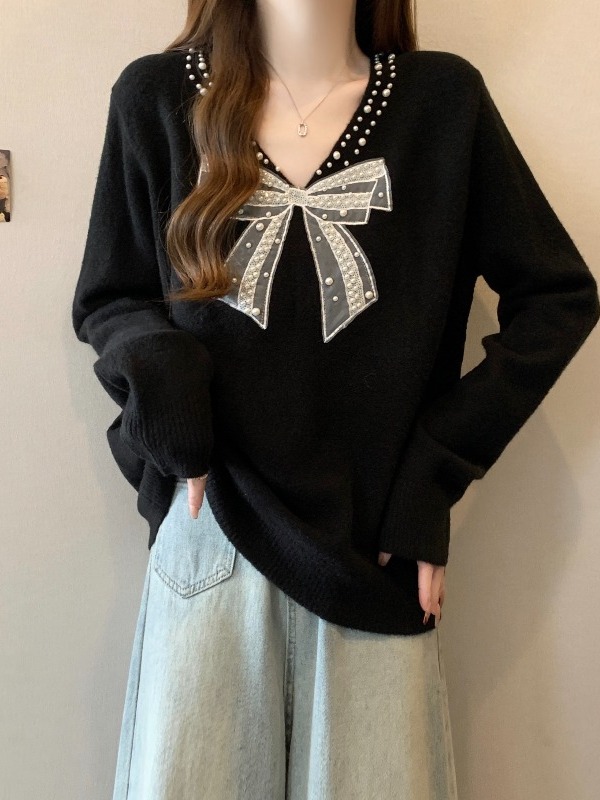 设计感钉珠蝴蝶结长袖针织衫女秋季2025新款大码胖mm遮肉毛衣上衣|undefined