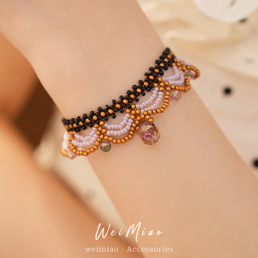 Pulseras de encaje de cuentas de vidrio retro francesa lujo ligero nicho pulseras de alta sensación temperamento de moda joyas al por mayor
