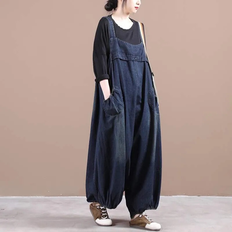 High-Quality Plus-Size Women's Lantern Wide-Leg Pants, Loose Fit, Tummy-Concealing, Casual, Age-Reducing, Denim Overalls for Plus-Size Women