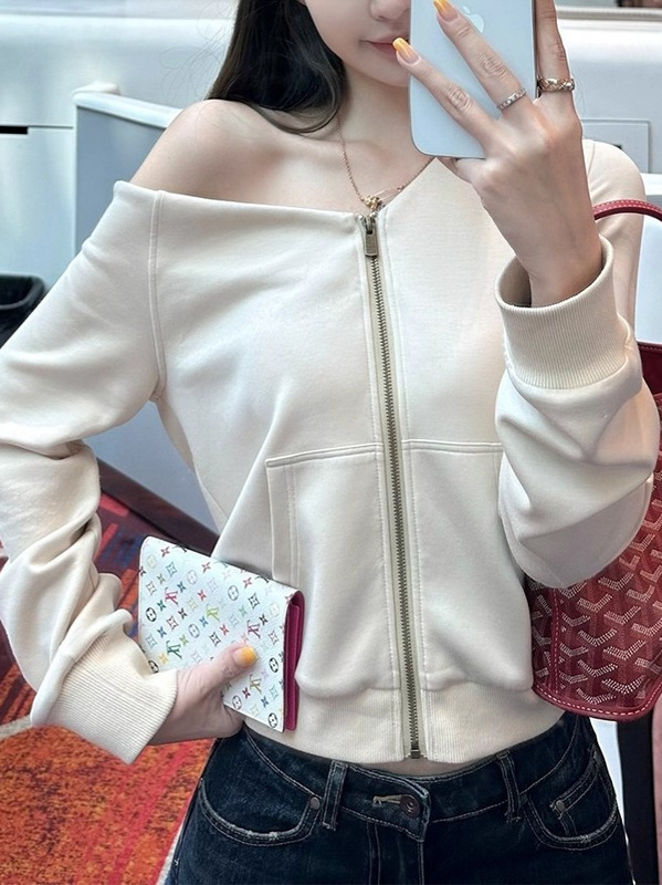 早安樊樊把妹王白色连帽卫衣拉链外套女薄款斜肩短款开衫上衣|undefined