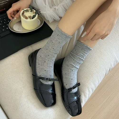 Ribbed polka dot ankle socks for girls, summer thin mesh ballet style Japanese style slimming pure cotton white stack socks