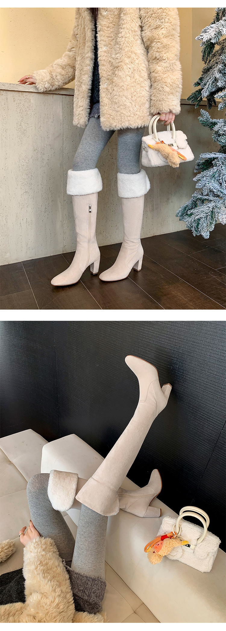 Boot nữ cổ cao ôm bắp chân lông cừu ấm, gót thô 5 cm, phong cách cưỡi ngựa — màu đen chi tiết 10