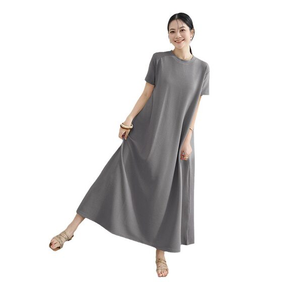 Japanese Style Summer Short-sleeved Long Dress Women's Fashionable Loose Round Neck Short-sleeved Large Swing A- line dress