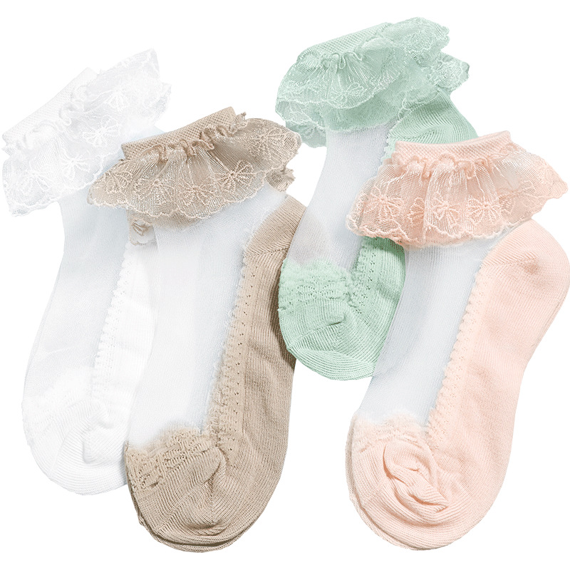 Calcetines cortos de verano para niñas, transpirables, de malla fina con encaje, con lazo sin costuras y encaje de princesa hasta la pantorrilla.