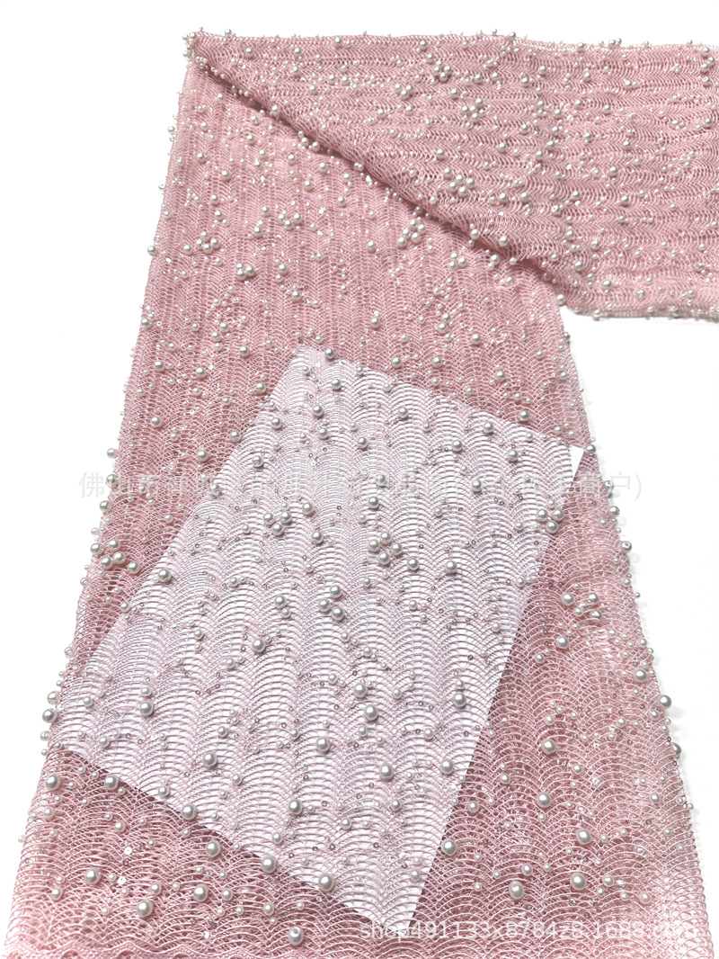 Inventario de tela de malla de cuentas de clavos pesados tamaño de perla ondulado bordado vestido de boda vestido de noche cheongsam tela