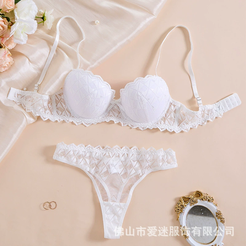 Популярный французский кружевной бюстгальтер-полуслип Y2024, без пустых чашек, сексуальное нижнее белье, сексуальный белый комплект 24022