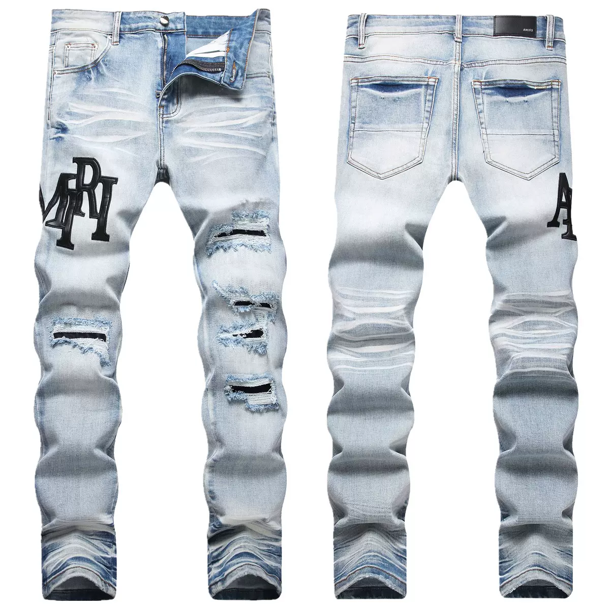 外贸高街AM现货蓝色修身弹力破洞贴布刺绣猫须青年男式小脚牛仔裤