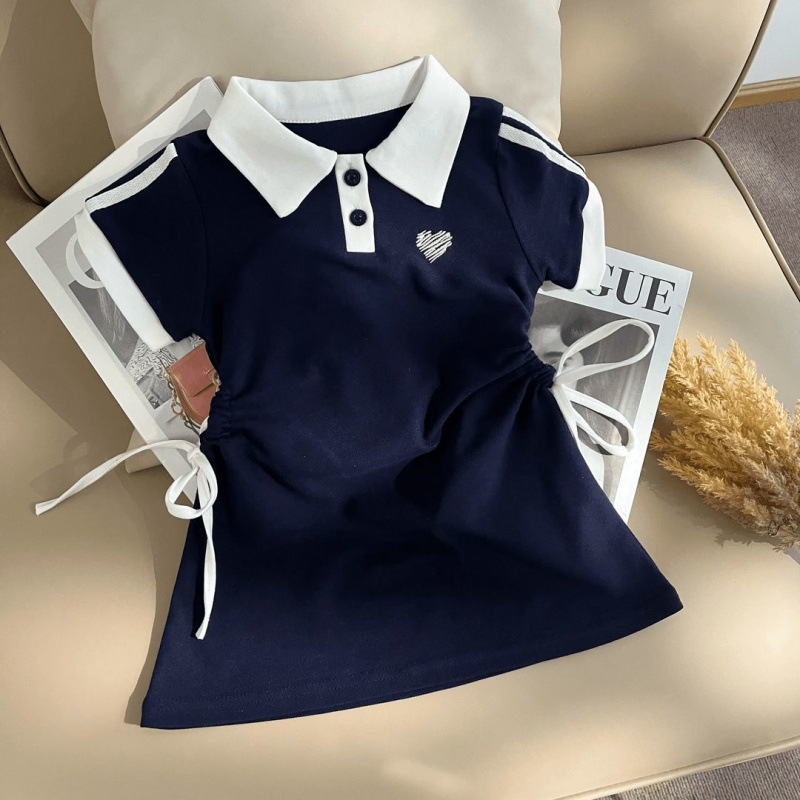 Girls' Preppy Style Drawstring Polo Collar Short-Sleeved Dress Summer New Baby Style Casual Skirt for Small and Medium-Sized Children