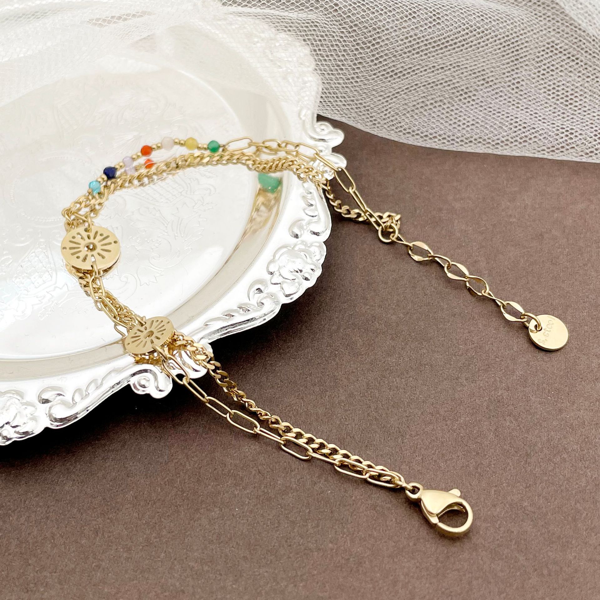 Retro Round Stainless Steel Beaded Plating Hollow Out Bracelets 1 Piece